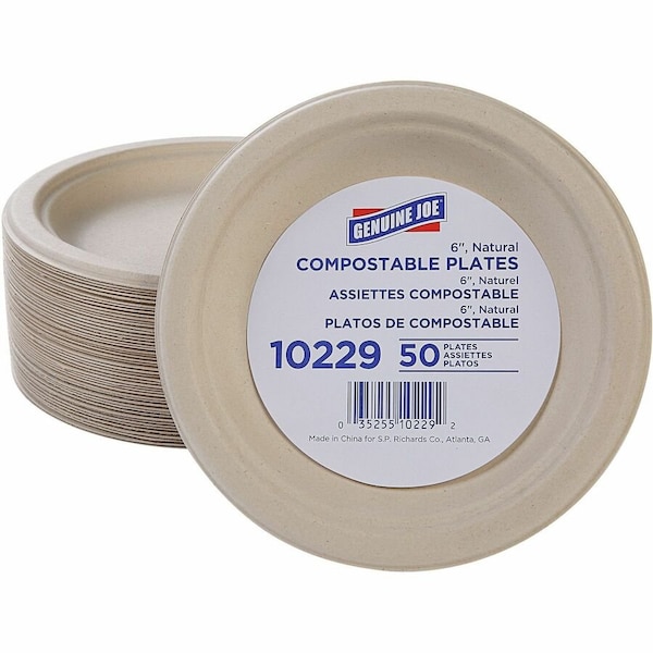 Genuine Joe 6in Compostable Disposable Plates - Natural, 50PK GJO10229 - main